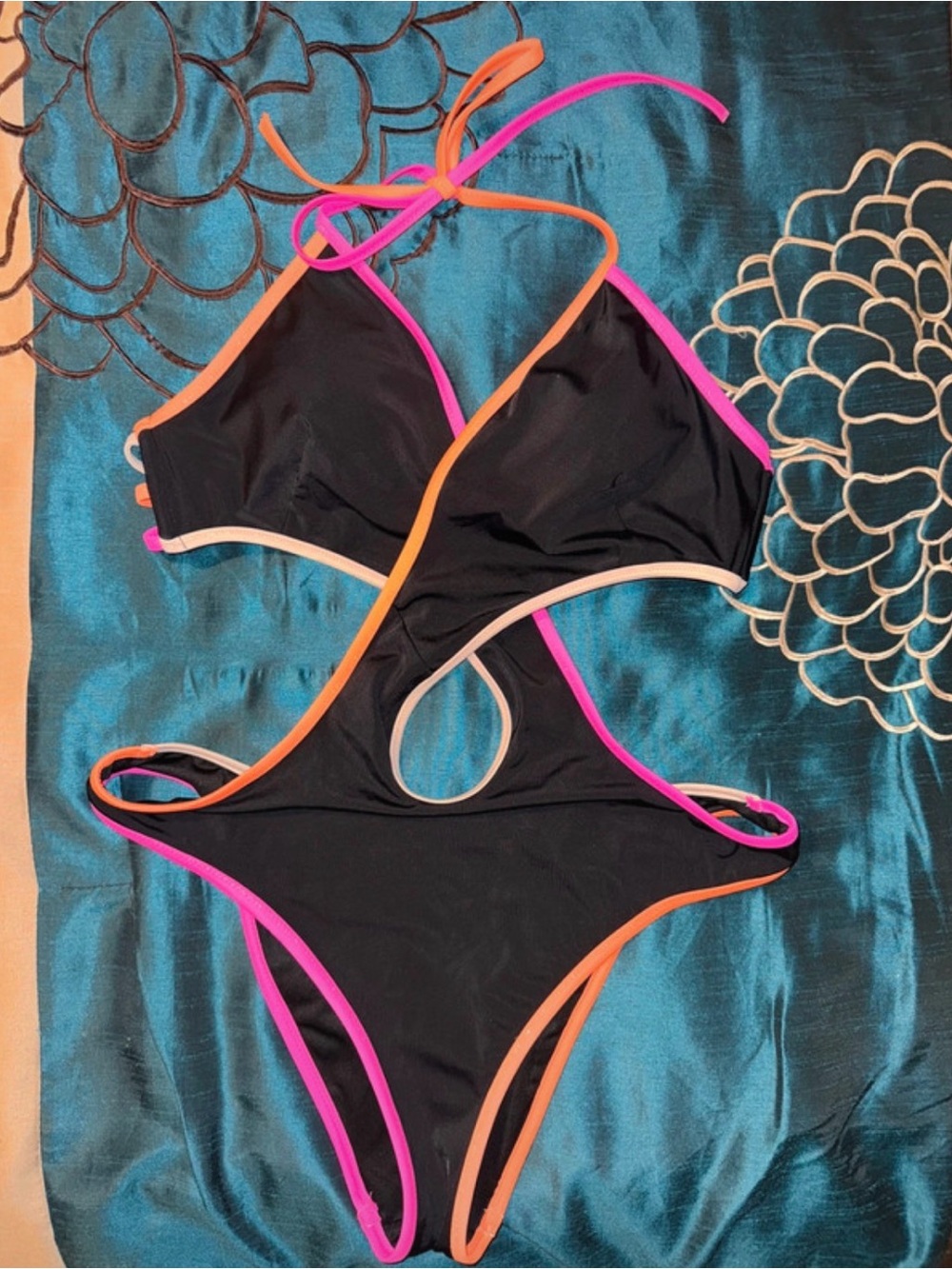 Victoria's Secret Black One-Piece Swimsuit with Pink, Orange & Cream Trim - Picture 2 of 5